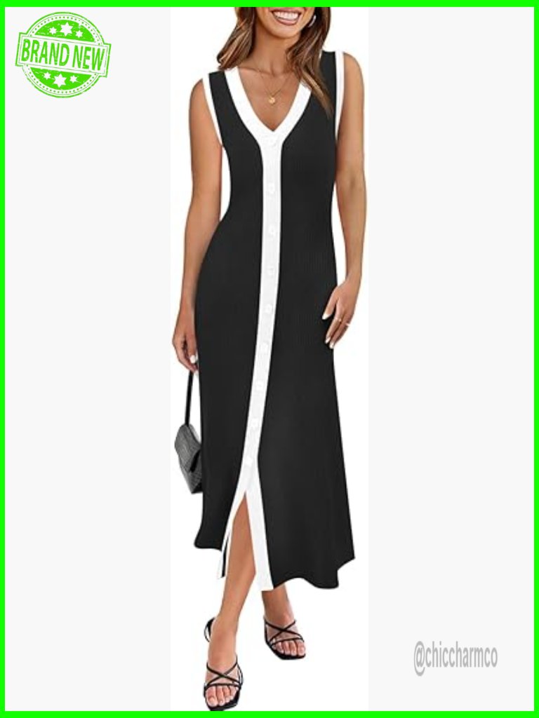 Color Block Ribbed Knit Button Down Tank Dress Midi